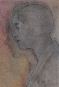 Maleri i Helga Bostens serie med Cora Sandel-bilder.