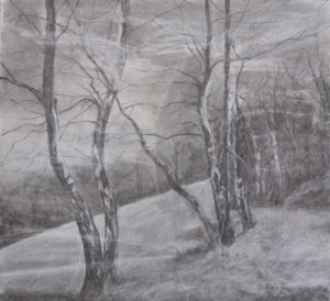 Tegning av skog av Helga Bosten